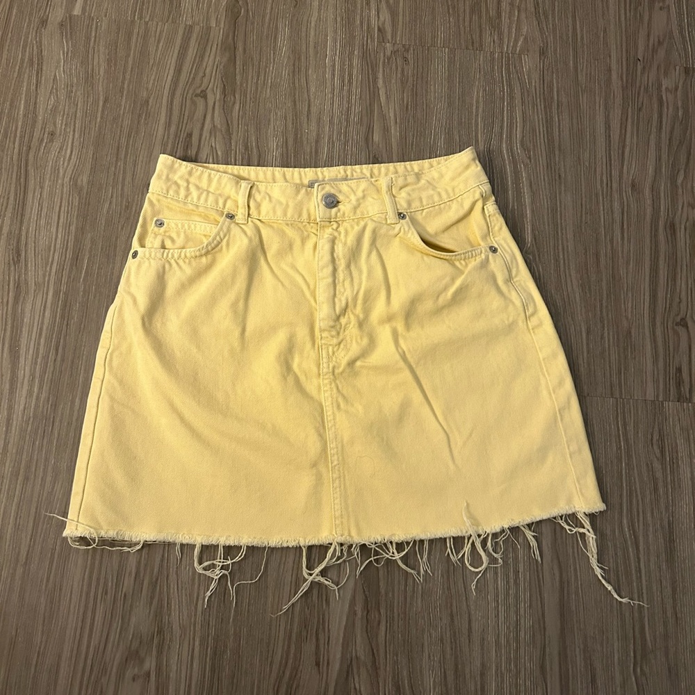 Topshop Moto Yellow Frayed Denim Skirt